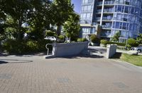 the paved street is lined with trees and plants and shrubs, including bushes, and flowers