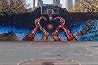 the basketball court has a mural depicting two hands reaching for a heart shaped item with buildings in the background