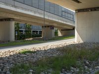 a sidewalk with a bench sitting underneath a bridge over a river area, next to a lawn and the street