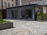 several plants sit in decorative concrete planters along the sidewalk of a building that is very modern