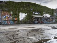 Urban Berlin Cityscape with Industrial Warehouse and Street Art Graffiti