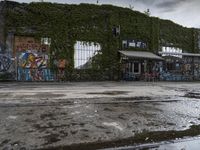 Urban Berlin Cityscape with Industrial Warehouse and Street Art Graffiti