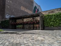 a green shrub near a gray building and a brick walkway with a bicycle rack in it