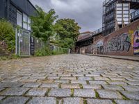 a brick road covered in graffiti next to buildings and greenery by the river bank