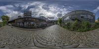 the panorama picture is a fisheye view to the left, and on the right there are several buildings with colorful graffiti all around