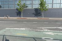 there is a bike path painted on the sidewalk of this building, and two trees are visible