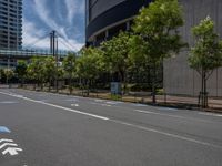 empty road with white lines on the streets of city area against cloudy blue sky on a sunny day