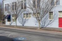 several bare trees sitting against the side of a building in front of a red door