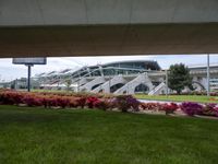 grass and flowers are growing below the sidewalk by an urban building and steps on the right
