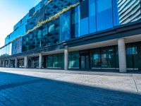 the view of an outside building with large windows from a low angle to the side of the street