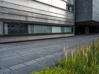 a person on a bench near a building with grass growing inside it and a sidewalk next to it