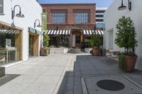 a sidewalk in an urban city with a building behind it and potted plants on either side