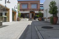 a sidewalk in an urban city with a building behind it and potted plants on either side