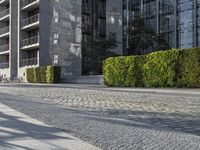 a woman riding a bike down the middle of a road next to a tall building