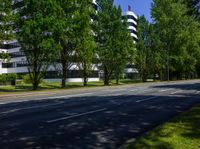 the roadway in front of a building has trees and buildings along it's sides