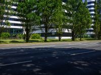 the roadway in front of a building has trees and buildings along it's sides