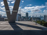 an urban city skyline is in the distance, and a plane flies over it and above