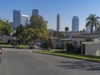 a street with cars driving by buildings and palm trees in the background and people walking down the street