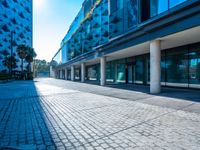 an empty parking area between two tall buildings next to water fountains and palm trees are seen