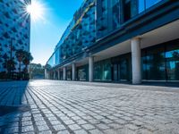 an empty parking area between two tall buildings next to water fountains and palm trees are seen