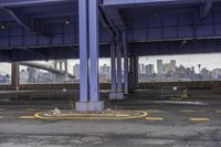 a concrete walkway with buildings in the background with one dog sitting on the street curb