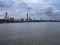 an industrial area in the city with water and sky in background at dusk on a cloudy day