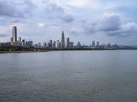 an industrial area in the city with water and sky in background at dusk on a cloudy day