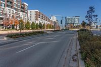 the empty road is surrounded by the urban buildings and shrubs on both sides of the street