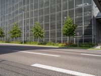 a street and some bushes near a building and traffic light at the same time of day