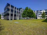 a building surrounded by grass and other greenery areas is set aside by a few trees