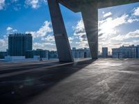 the sun shines brightly on the cityscape outside a glass building, which is almost empty,