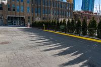 large building in the background with a few trees by it on a sidewalk in the foreground