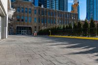 large building in the background with a few trees by it on a sidewalk in the foreground