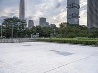 large empty public square in urban city area with skyscrapers and lawn in foreground