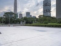 large empty public square in urban city area with skyscrapers and lawn in foreground