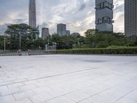 large empty public square in urban city area with skyscrapers and lawn in foreground