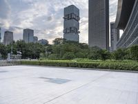 large empty public square in urban city area with skyscrapers and lawn in foreground