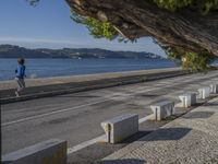 there are many grey concrete blocks next to the water of the ocean that are lined up along