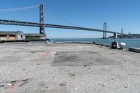 a dog is lying down in front of the water under a bridge and there is a dog on a concrete ledge overlooking the bay