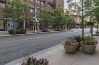 a city street with several planters that are in front of some buildings on the sidewalk