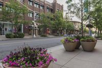 a city street with several planters that are in front of some buildings on the sidewalk