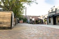 brick pavement in the center of town with small wooden planters on each side and tables set up at either end