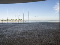 a man with a surfboard is walking on a pavement near the water and other poles