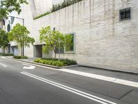 a person riding on the side of a city street near a building with two trees