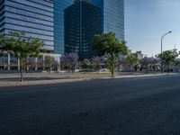 an empty street in front of a building and trees on the other side of the road