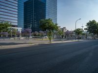 an empty street in front of a building and trees on the other side of the road