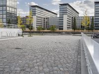 an empty paved walkway between two tall buildings in an urban area with trees in front