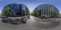 a large, curving building is viewed in two separate images on the street in paris