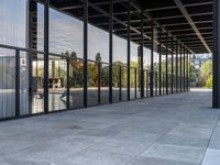 this is an image of a walkway outside a building with large glass panels on both sides