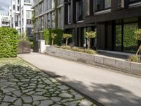 a walkway leading to some very large apartment buildings on the edge of a street with plants and trees in a courtyard